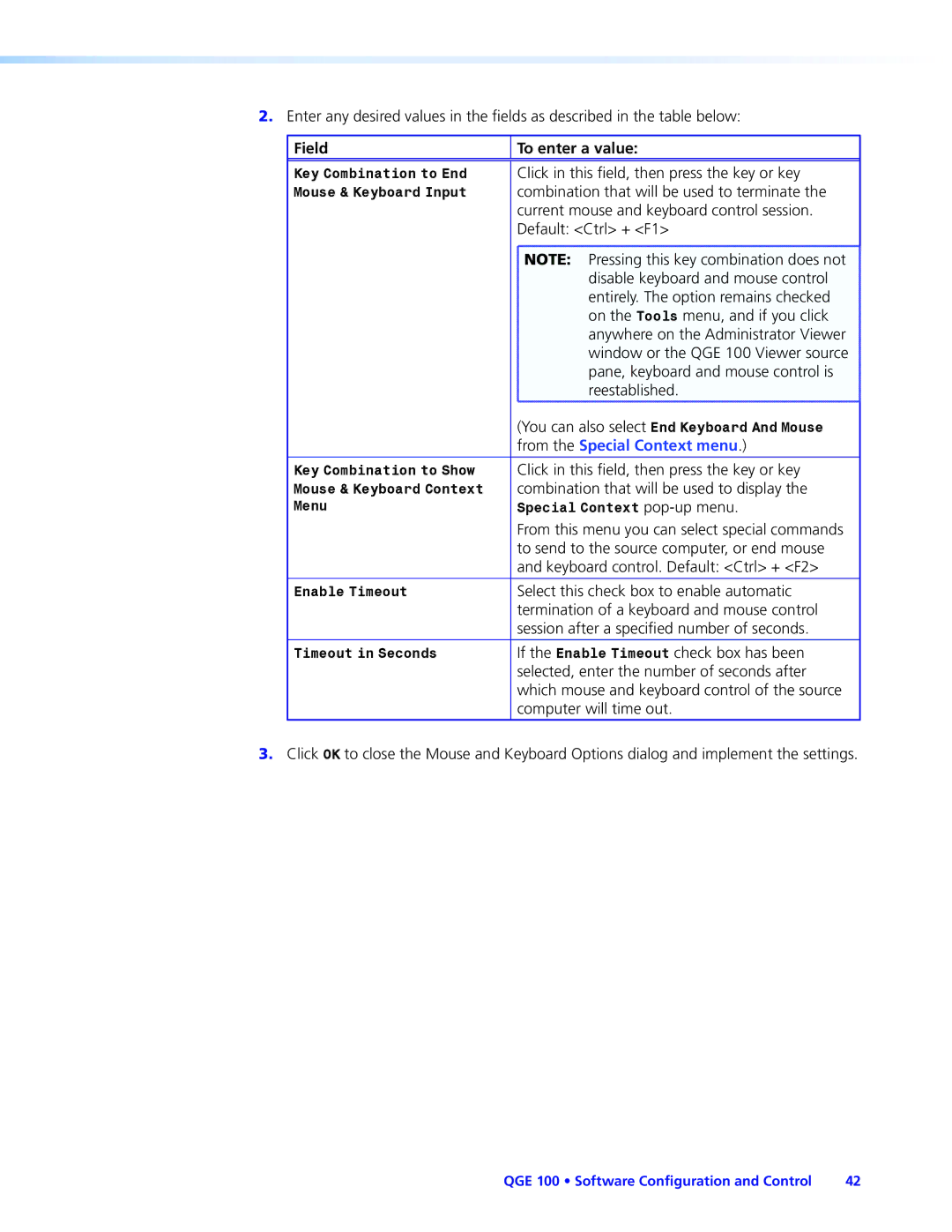 Extron electronic QGE 100 manual Field To enter a value, From the Special Context menu 