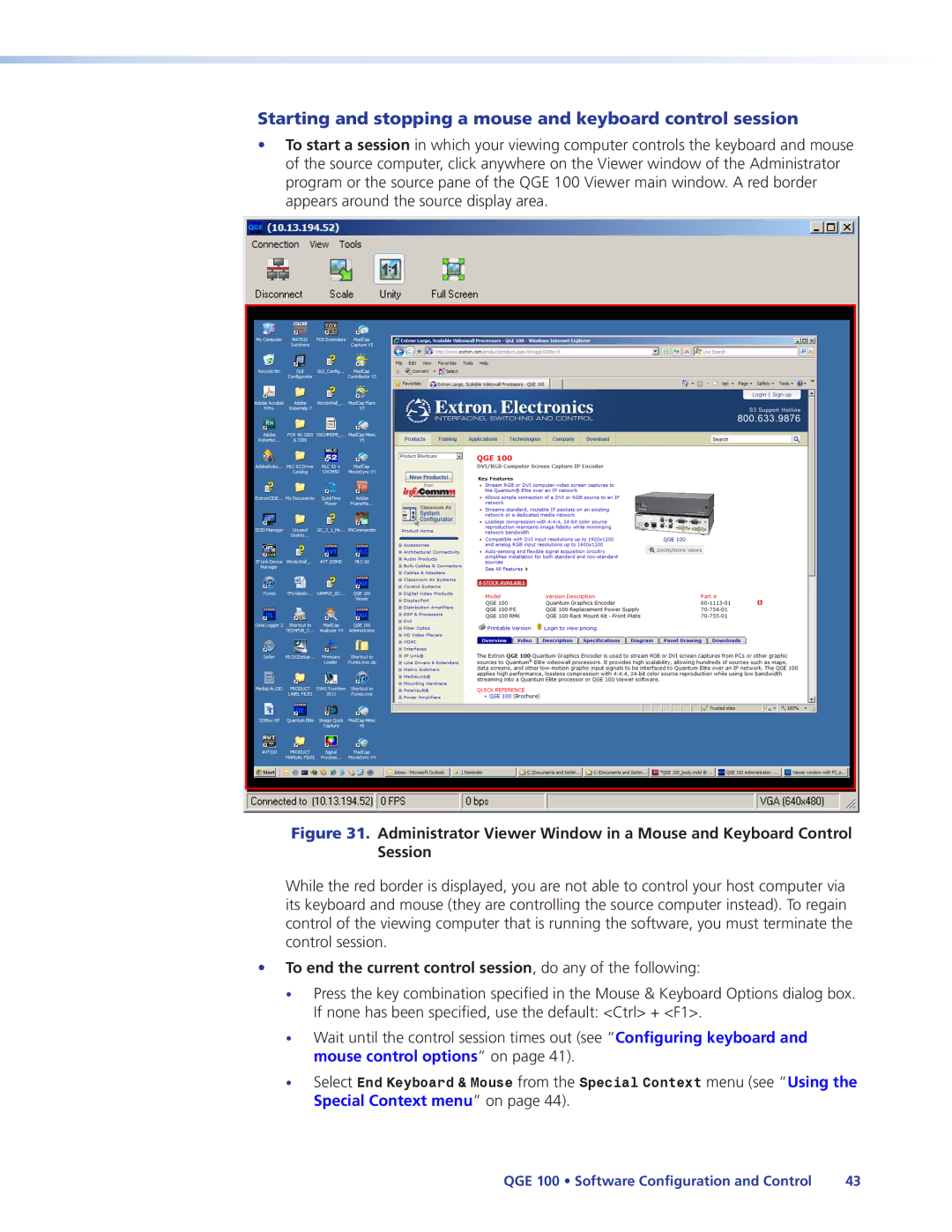 Extron electronic QGE 100 manual Starting and stopping a mouse and keyboard control session 