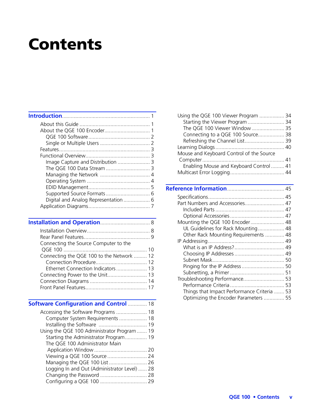 Extron electronic QGE 100 manual Contents 