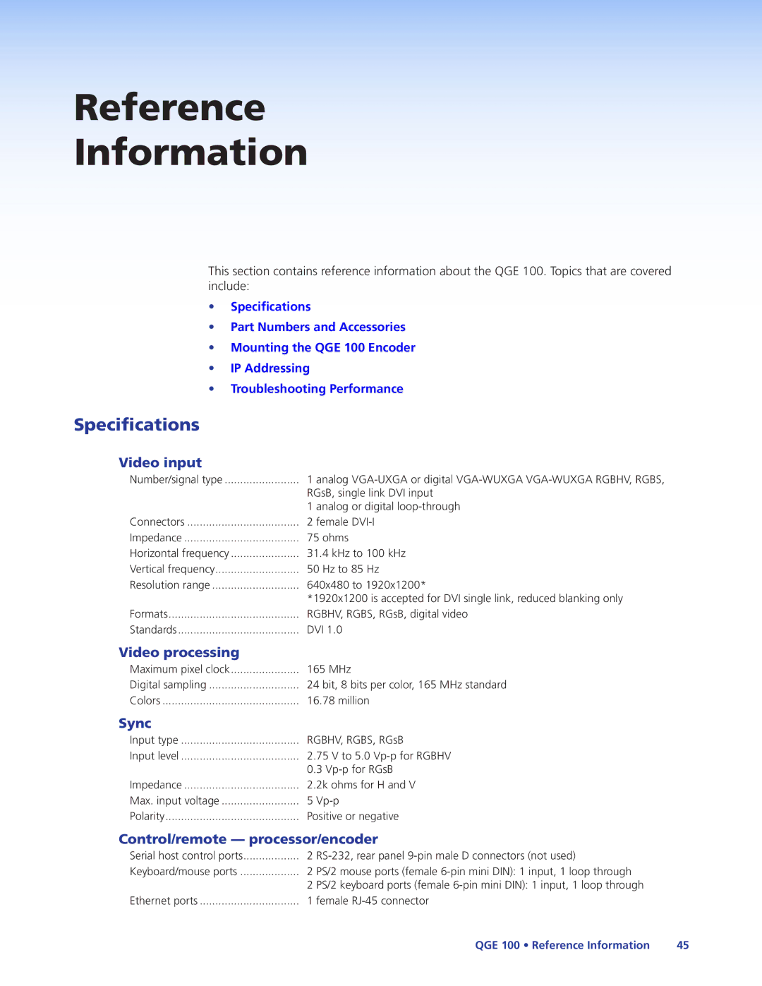 Extron electronic QGE 100 manual Specifications, Video input, Video processing, Sync, Control/remote processor/encoder 