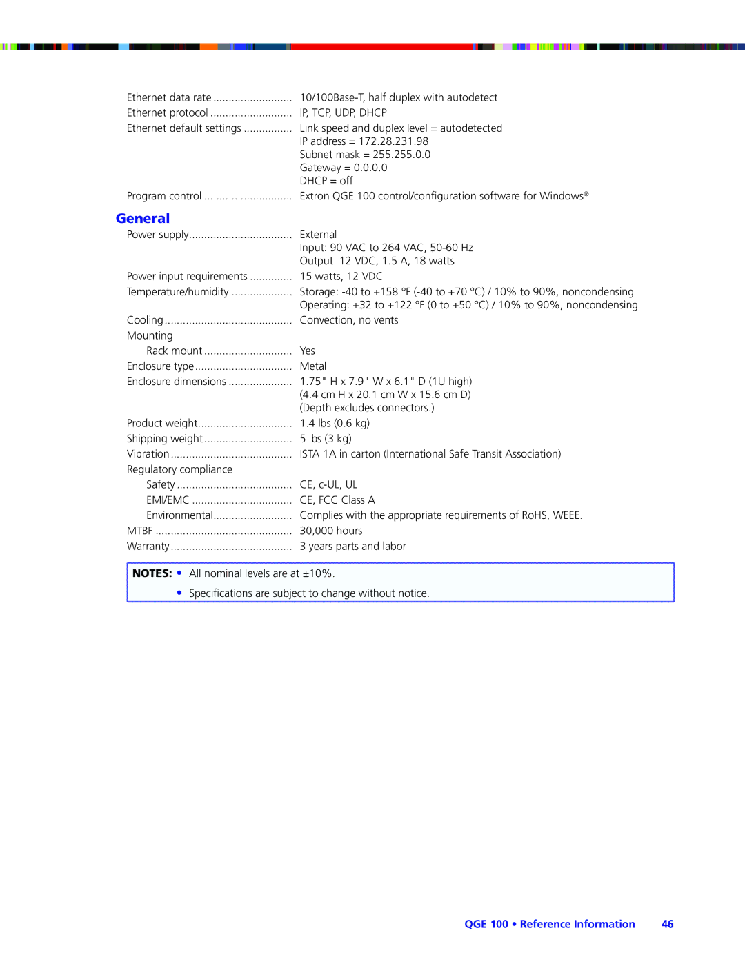 Extron electronic QGE 100 manual General, IP, TCP, UDP, Dhcp 