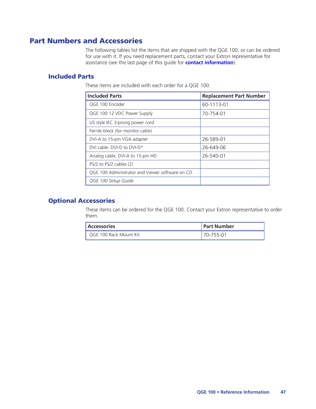 Extron electronic QGE 100 Part Numbers and Accessories, Included Parts, Optional Accessories, Accessories Part Number 