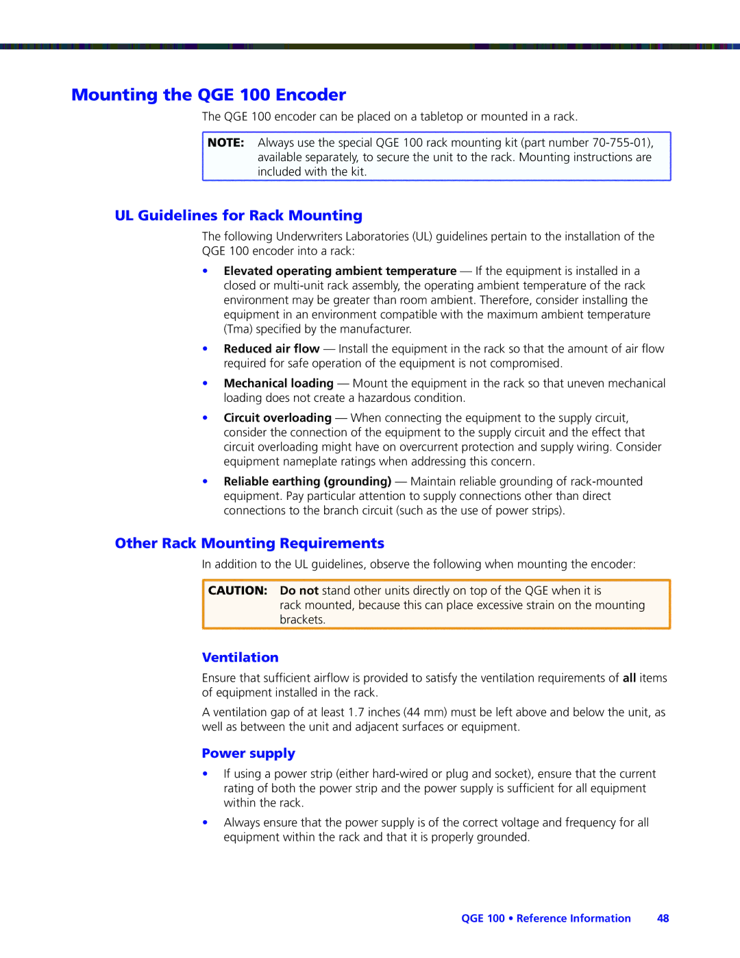 Extron electronic manual Mounting the QGE 100 Encoder, UL Guidelines for Rack Mounting, Other Rack Mounting Requirements 