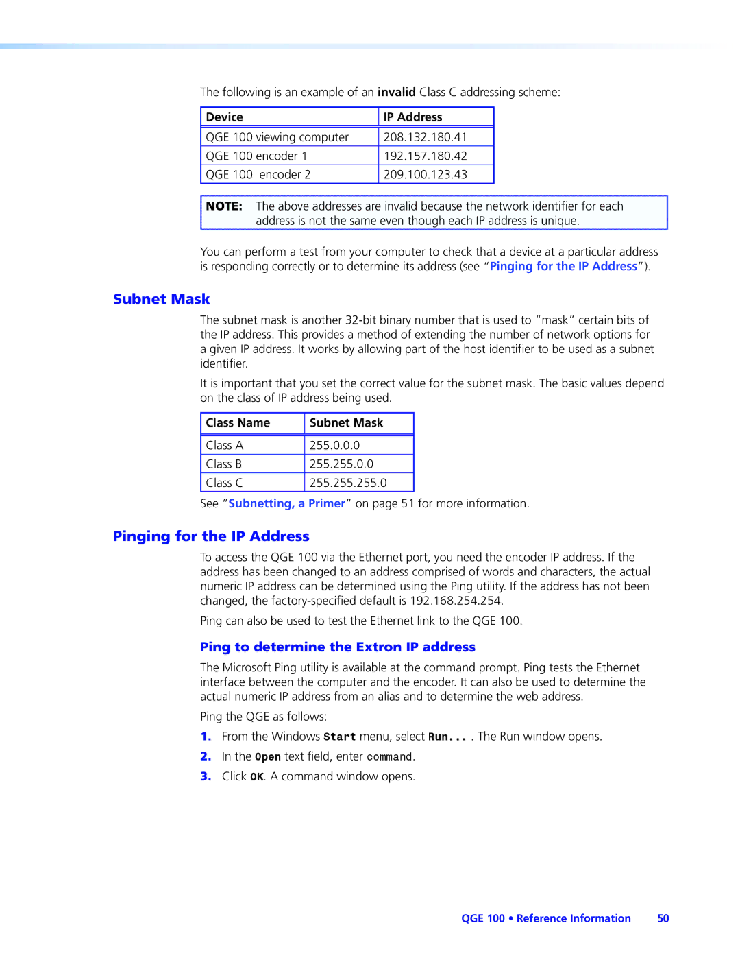 Extron electronic QGE 100 manual Subnet Mask, Pinging for the IP Address, Ping to determine the Extron IP address 