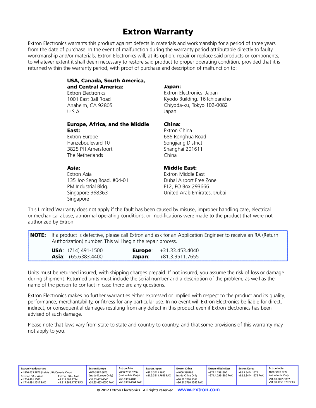 Extron electronic QGE 100 USA, Canada, South America Japan Central America, Europe, Africa, and the Middle China East 