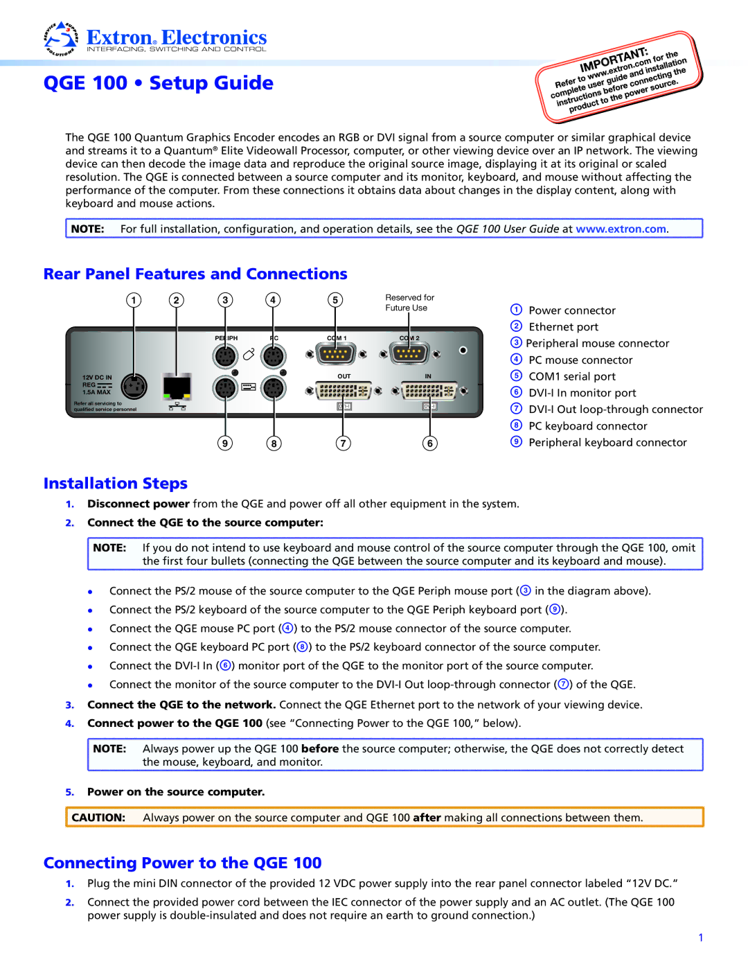 Extron electronic QGE 100 setup guide Rear Panel Features and Connections, Installation Steps, Connecting Power to the QGE 