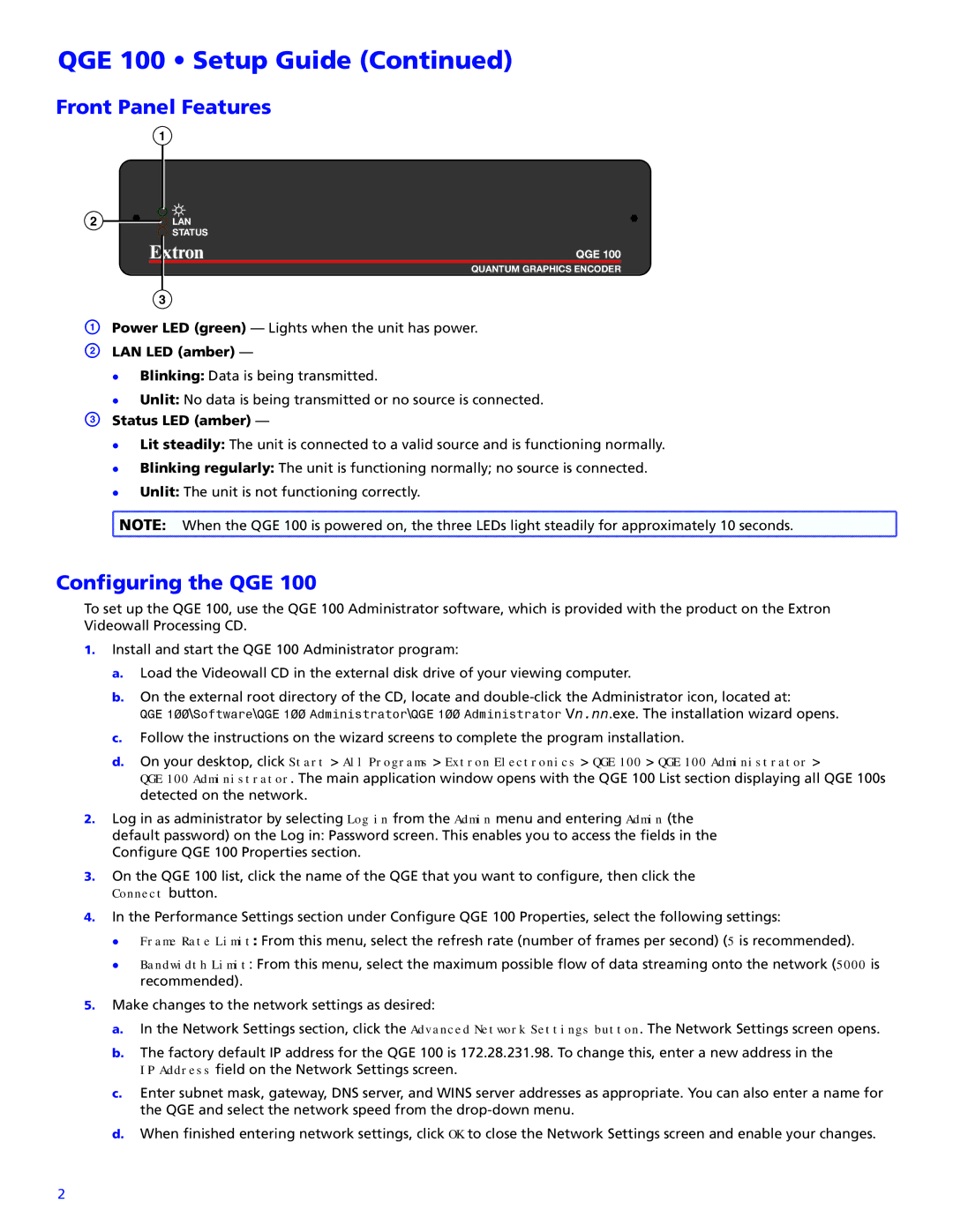 Extron electronic QGE 100 setup guide Front Panel Features, Configuring the QGE, LAN LED amber, Status LED amber 