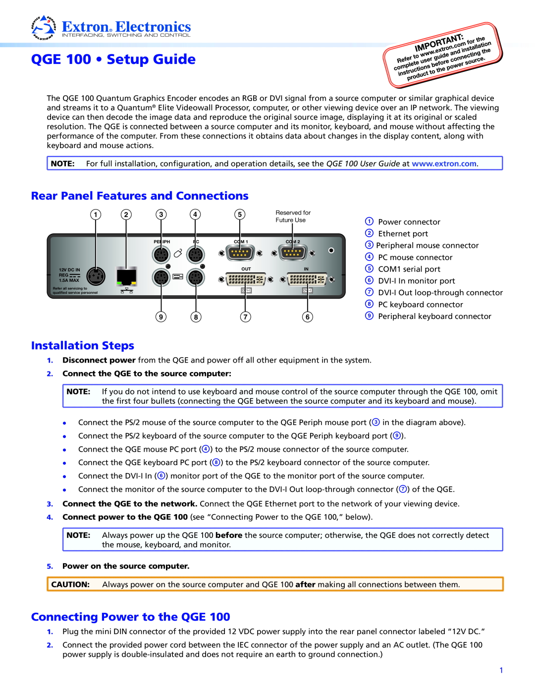 Extron electronic setup guide QGE 100 Setup Guide, Rear Panel Features and Connections, Installation Steps 