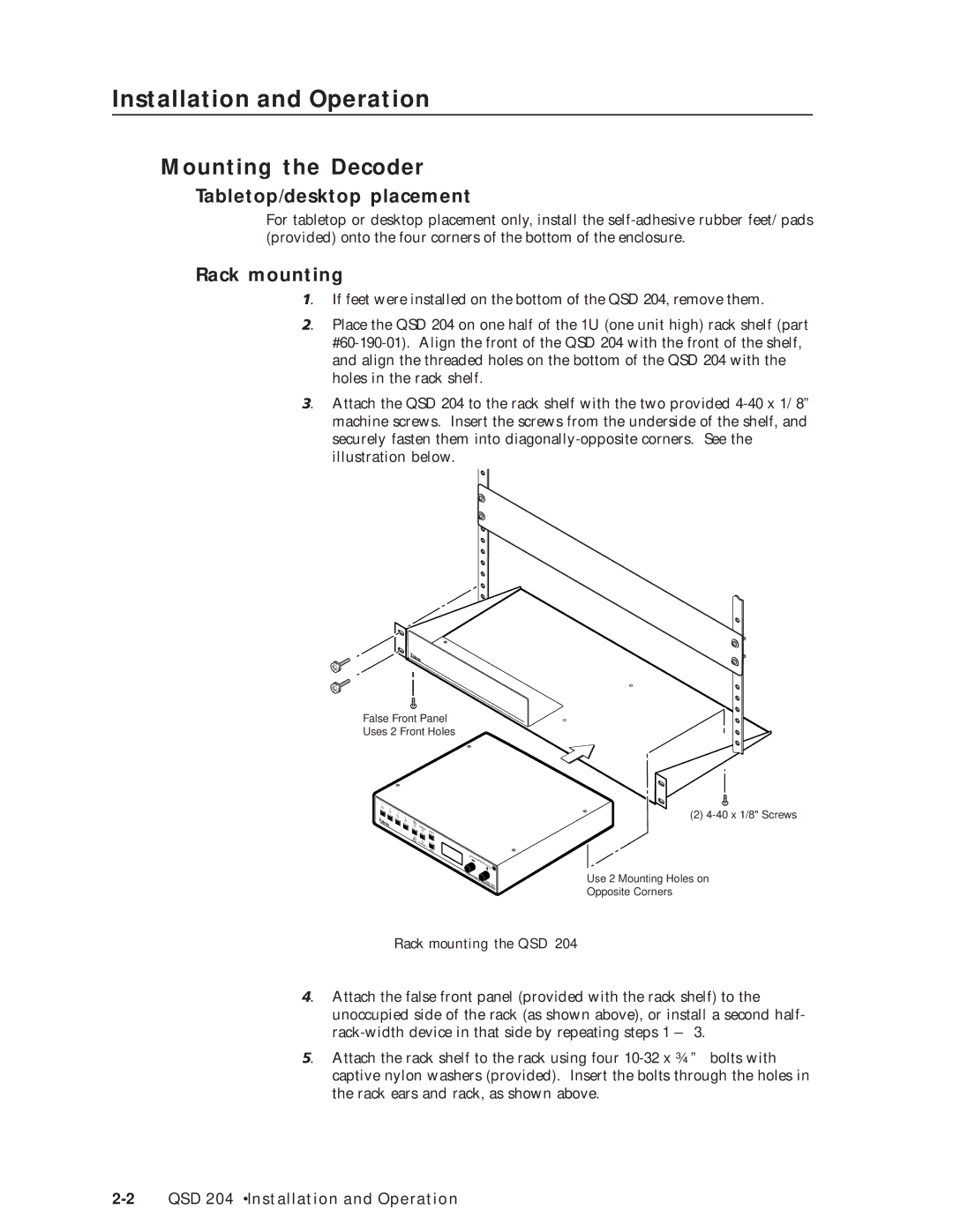 Extron electronic QSD 204 D manual Mounting the Decoder, Tabletop/desktop placement, Rack mounting the QSD 