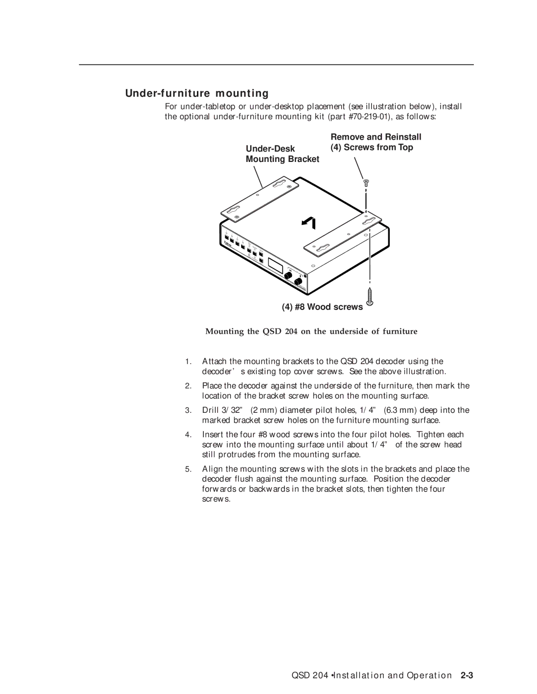 Extron electronic QSD 204 D manual Under-furniture mounting, Mounting the QSD 204 on the underside of furniture 