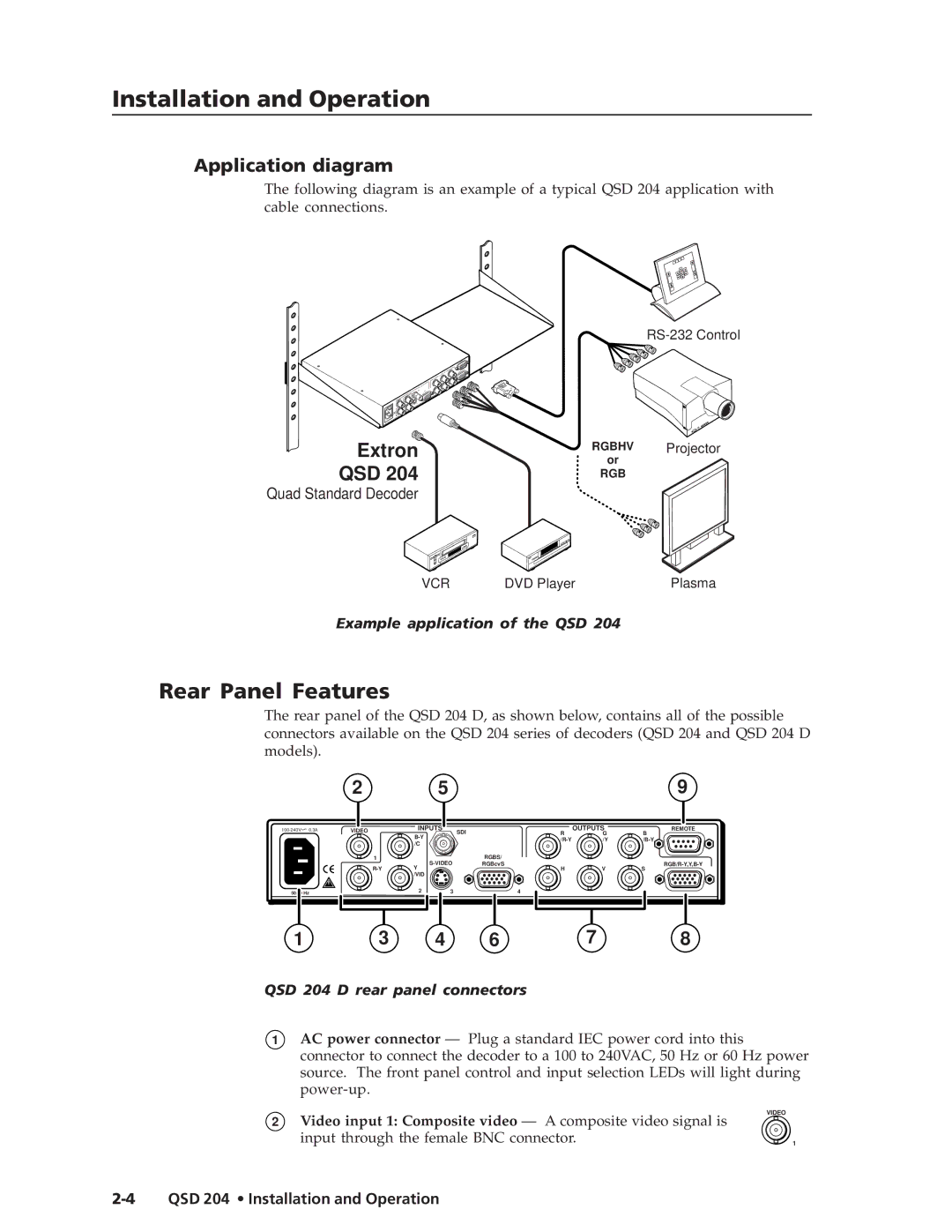 Extron electronic QSD 204 D manual Rear Panel Features, Application diagram, Example application of the QSD 