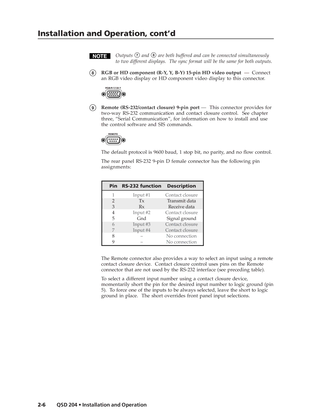 Extron electronic QSD 204 D manual Installation and Operation, cont’d 