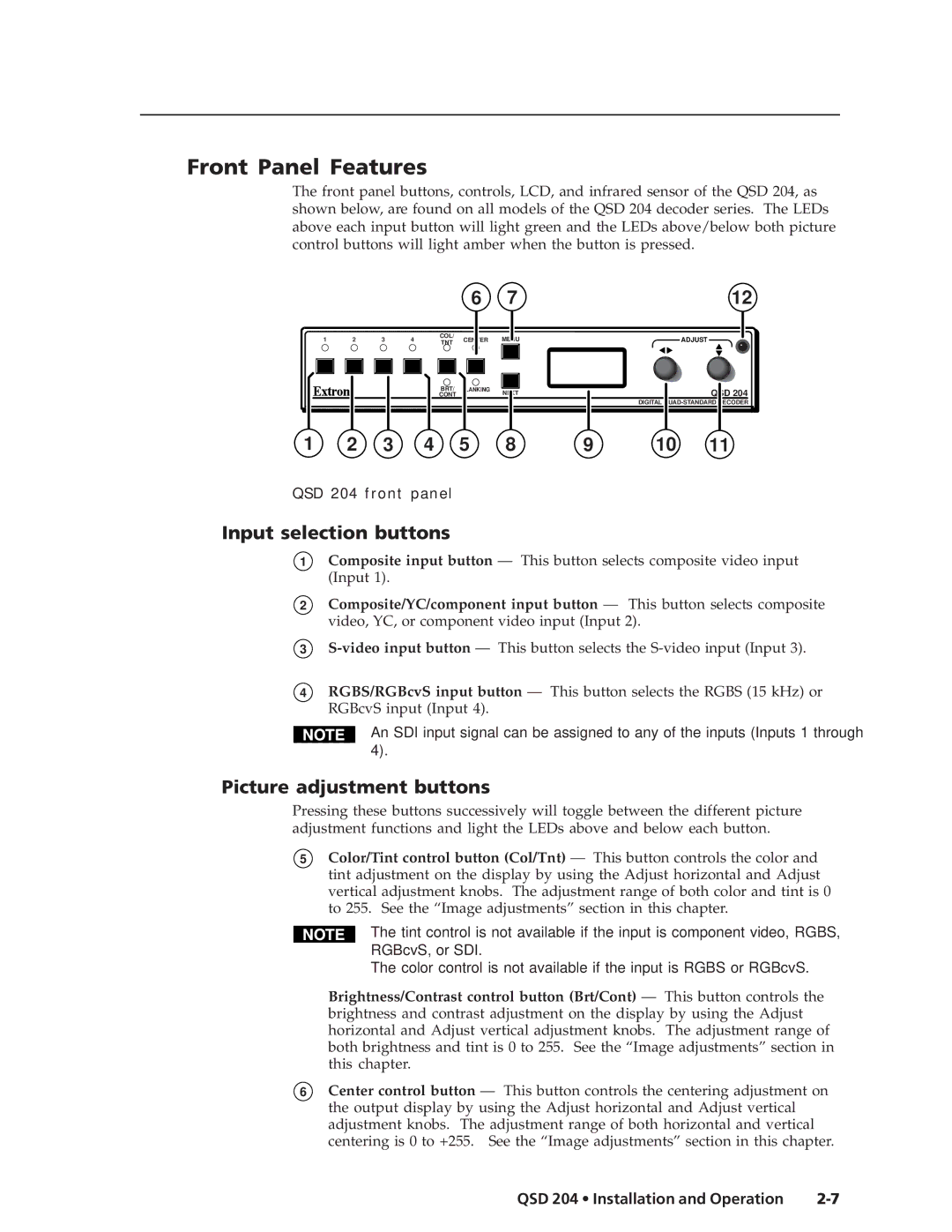 Extron electronic manual Front Panel Features, Input selection buttons, Picture adjustment buttons, QSD 204 front panel 