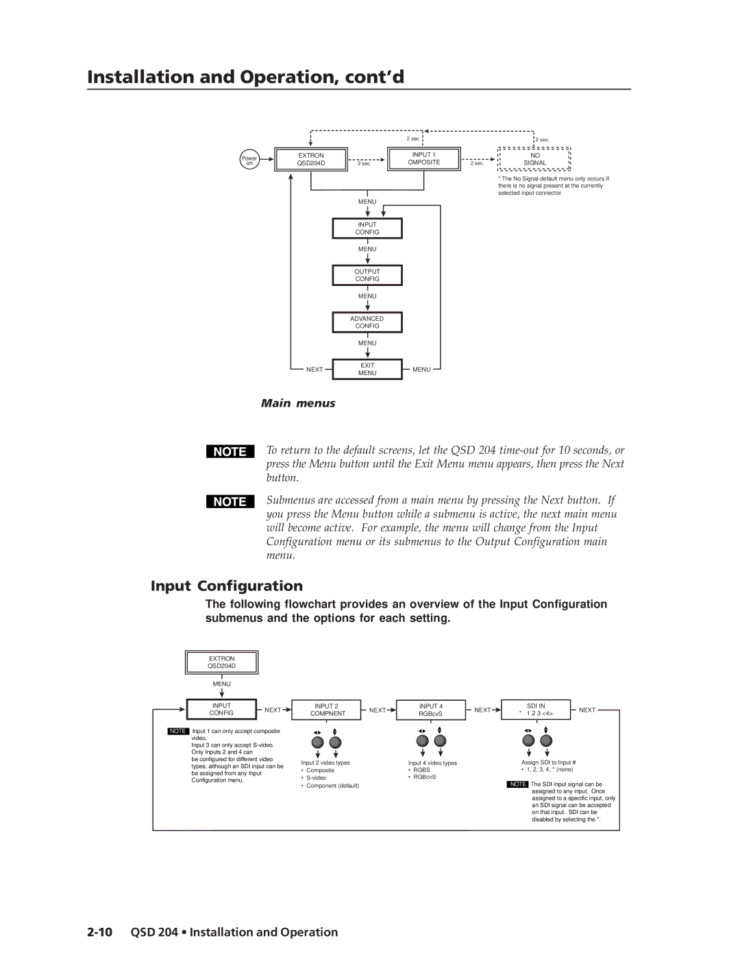 Extron electronic QSD 204 D manual Input Configuration, Main menus 