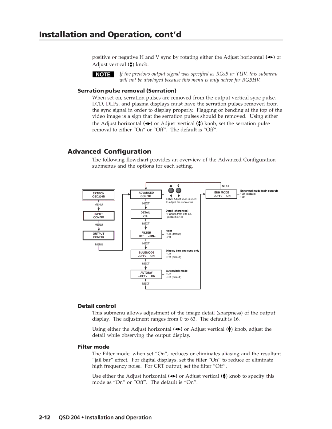 Extron electronic QSD 204 D manual Advanced Configuration, Serration pulse removal Serration, Detail control, Filter mode 