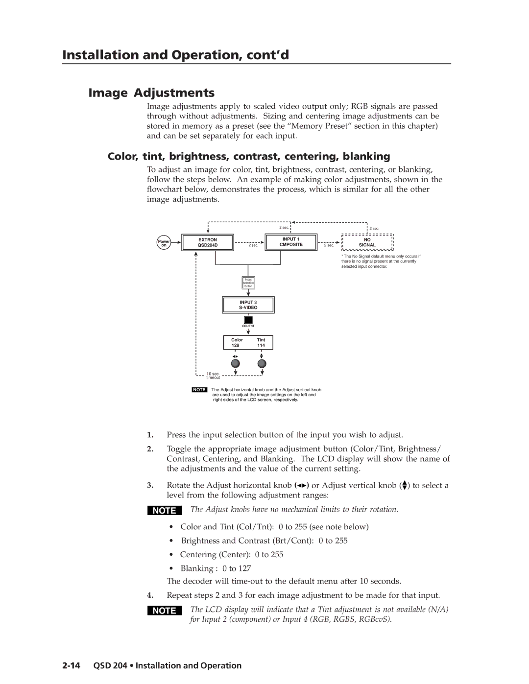 Extron electronic QSD 204 D manual Image Adjustments, Color, tint, brightness, contrast, centering, blanking 