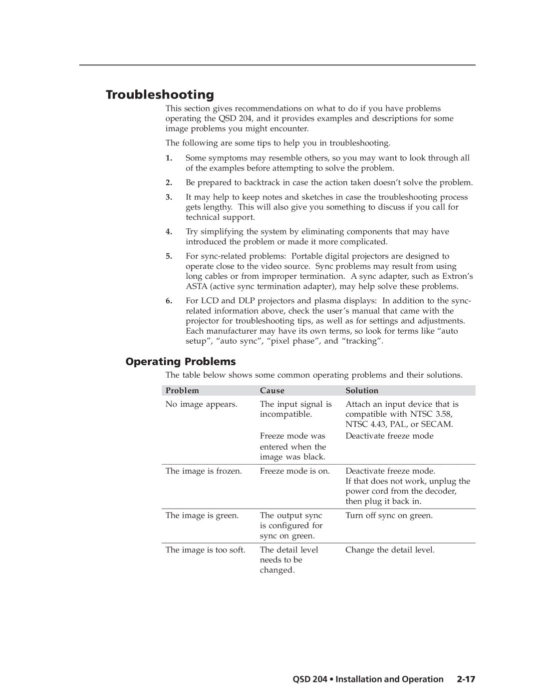 Extron electronic QSD 204 D manual Troubleshooting, Operating Problems 