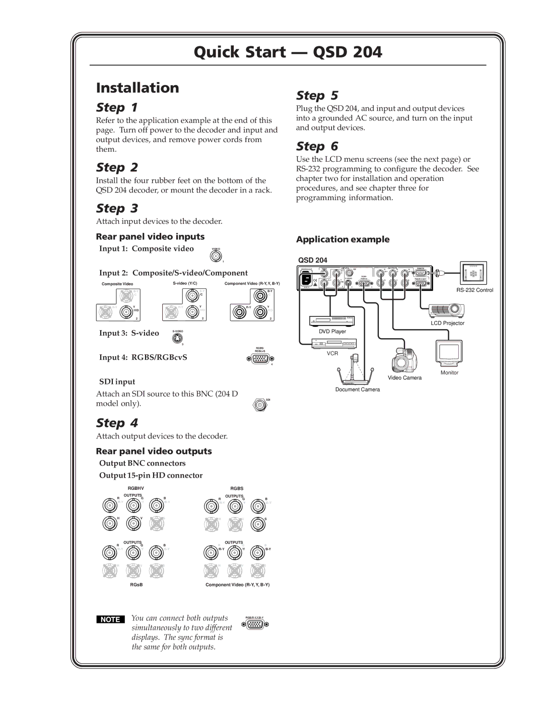 Extron electronic QSD 204 manual Quick Start QSD, Rear panel video inputs, Application example, Rear panel video outputs 