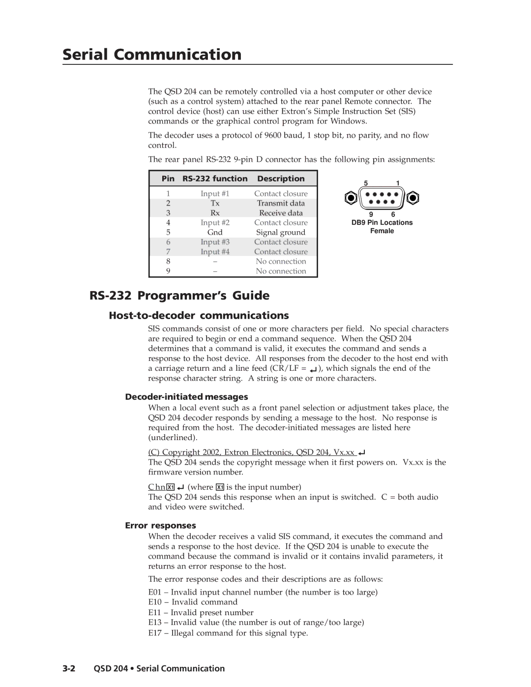 Extron electronic QSD 204 D manual Serial Communication, RS-232 Programmer’s Guide, Host-to-decoder communications 