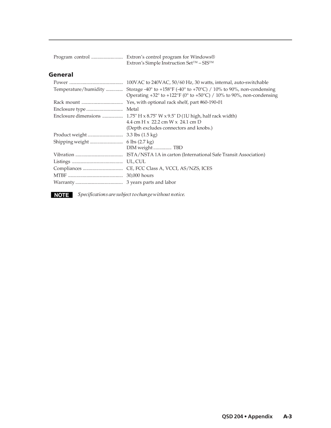 Extron electronic QSD 204 D manual General, QSD 204 Appendix A-3 