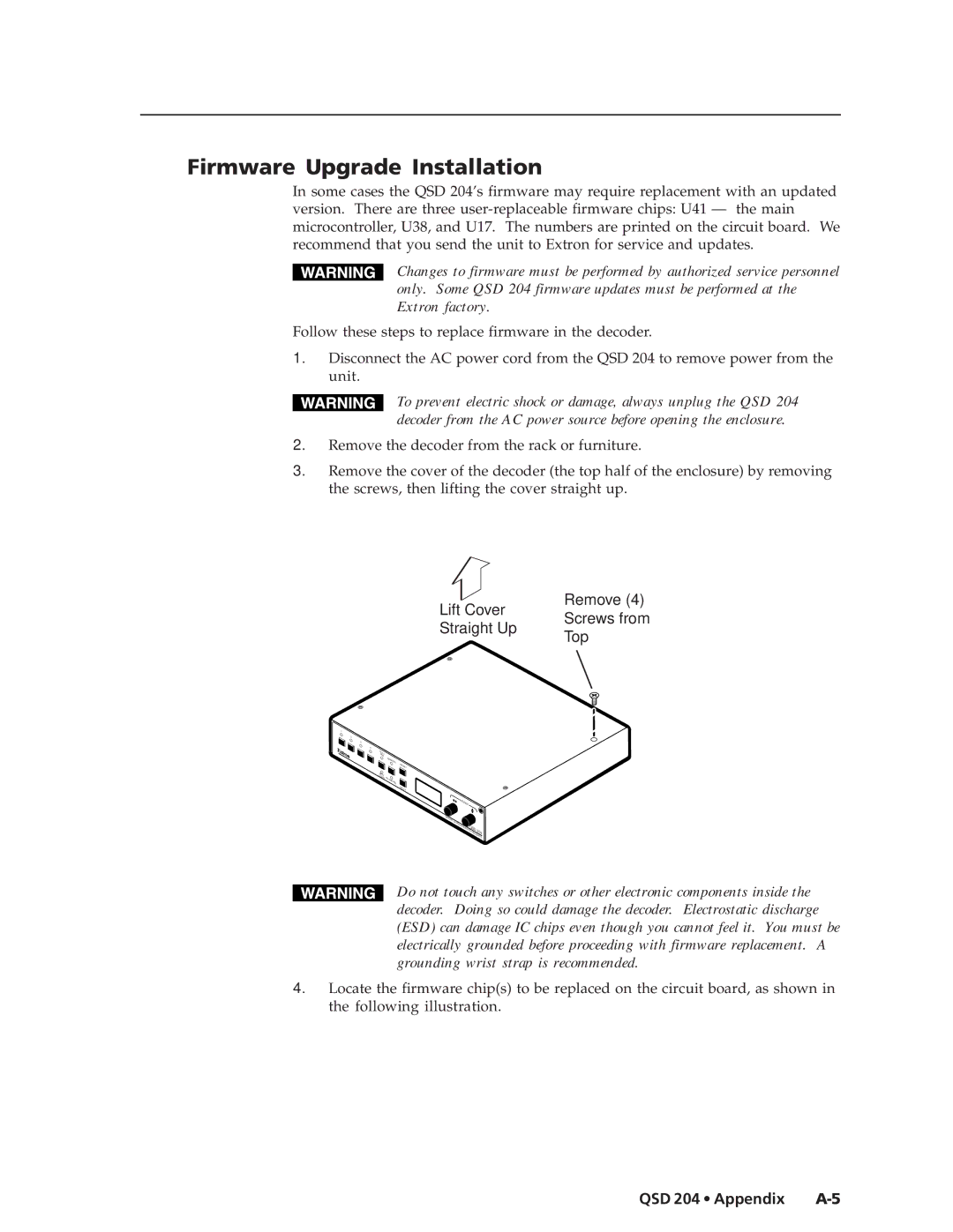 Extron electronic QSD 204 D manual Firmware Upgrade Installation, QSD 204 Appendix A-5 