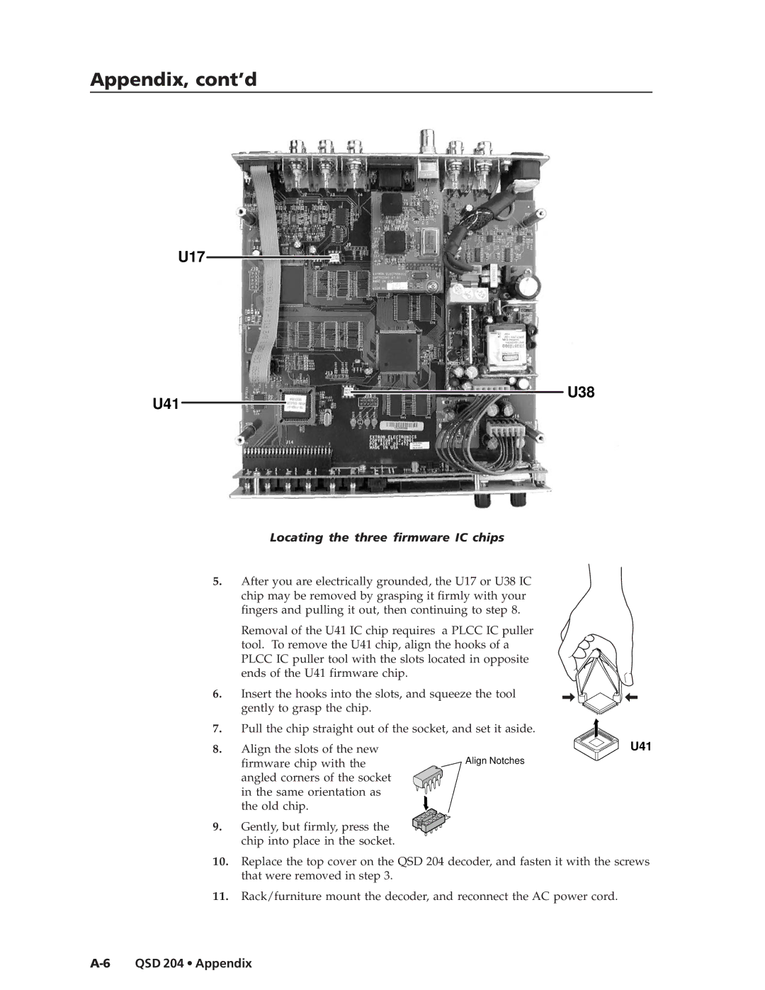 Extron electronic QSD 204 D manual U17 U38 U41, Locating the three firmware IC chips 