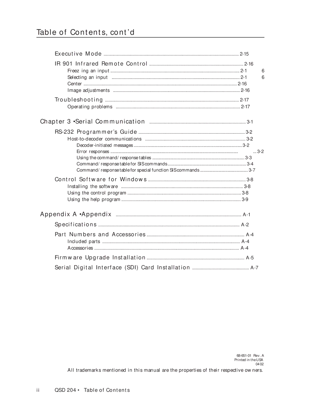 Extron electronic QSD 204 D manual Table of Contents, cont’d 