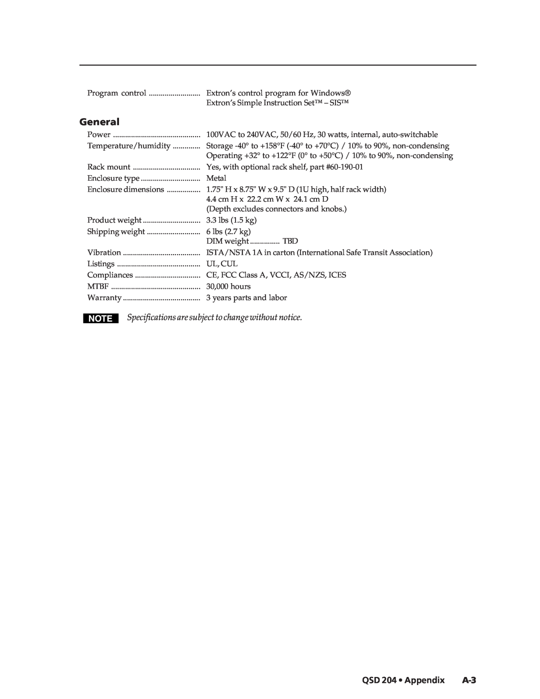 Extron electronic QSD 204 D manual General, QSD 204 Appendix A-3 