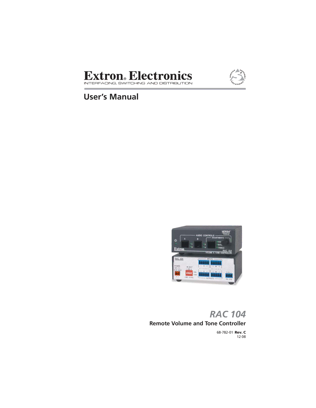 Extron electronic RAC 104 user manual Rac, Remote Volume and Tone Controller 