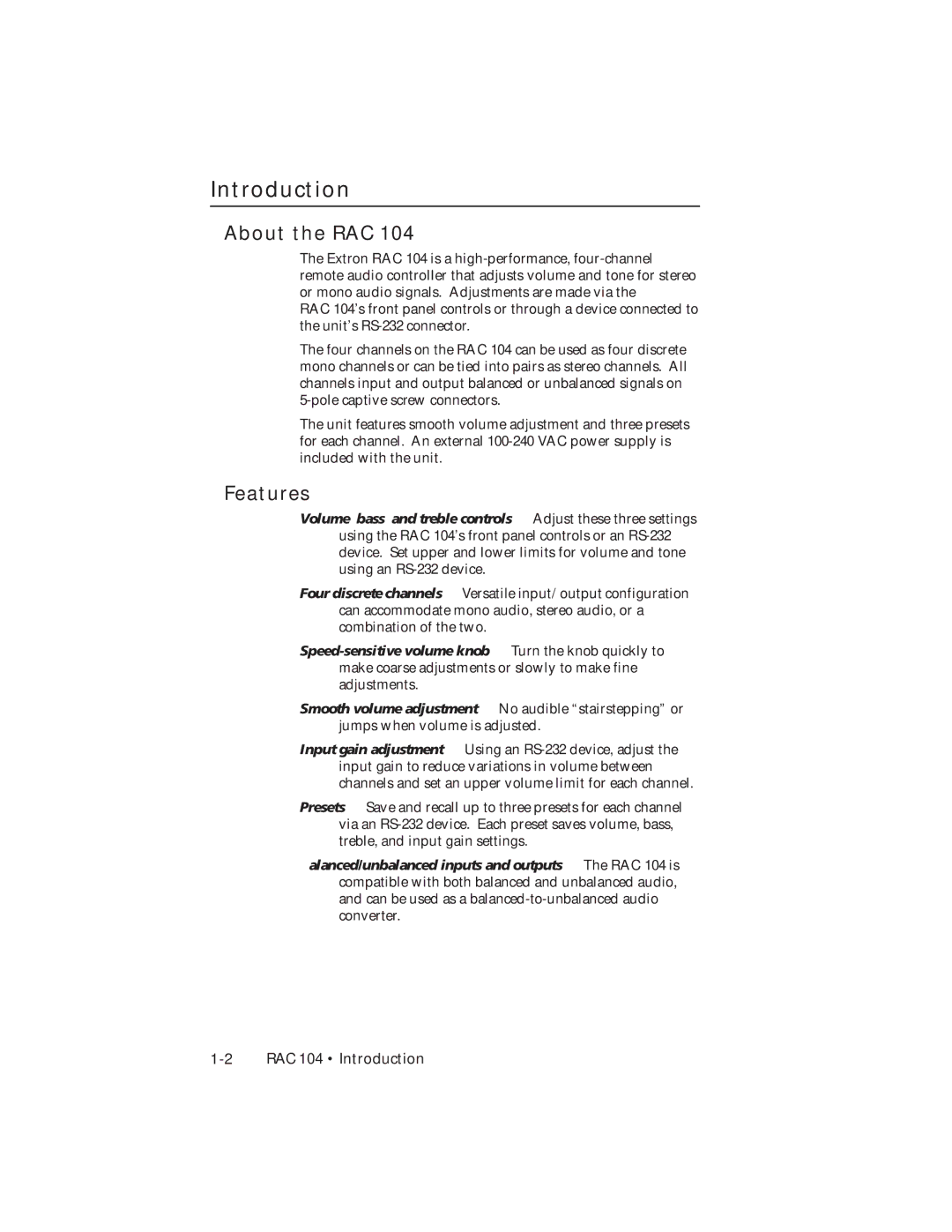 Extron electronic RAC 104 user manual Introduction, About the RAC, Features 