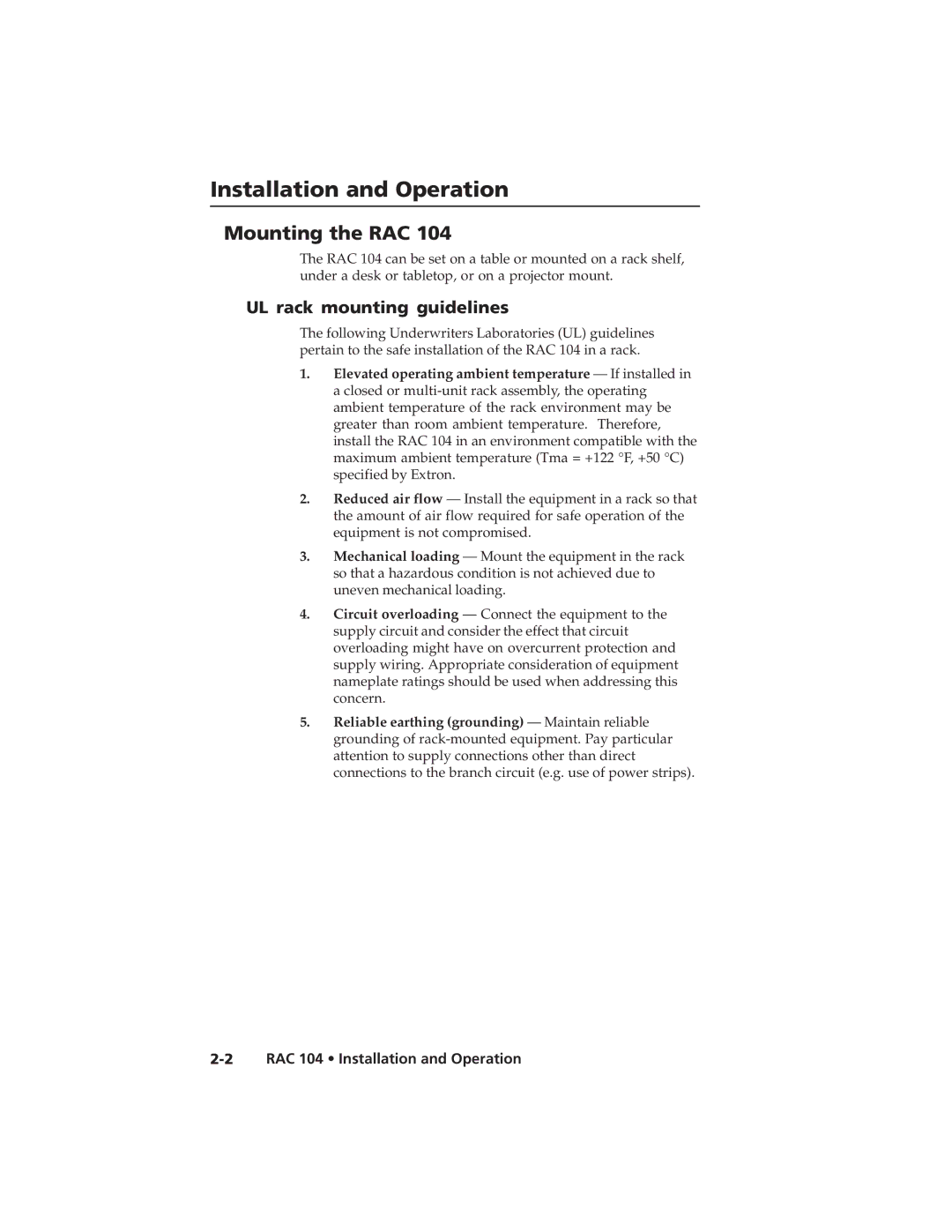 Extron electronic RAC 104 user manual Installation and Operation, Mounting the RAC, UL rack mounting guidelines 