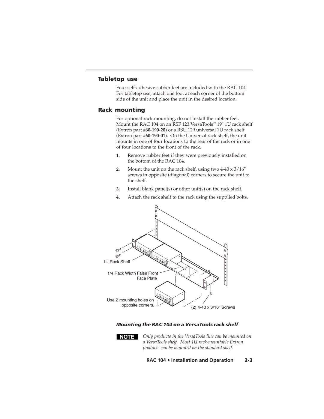 Extron electronic RAC 104 user manual Tabletop use, Rack mounting 