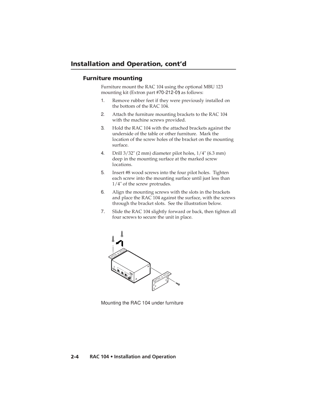 Extron electronic RAC 104 user manual Installation and Operation, cont’d, Furniture mounting 