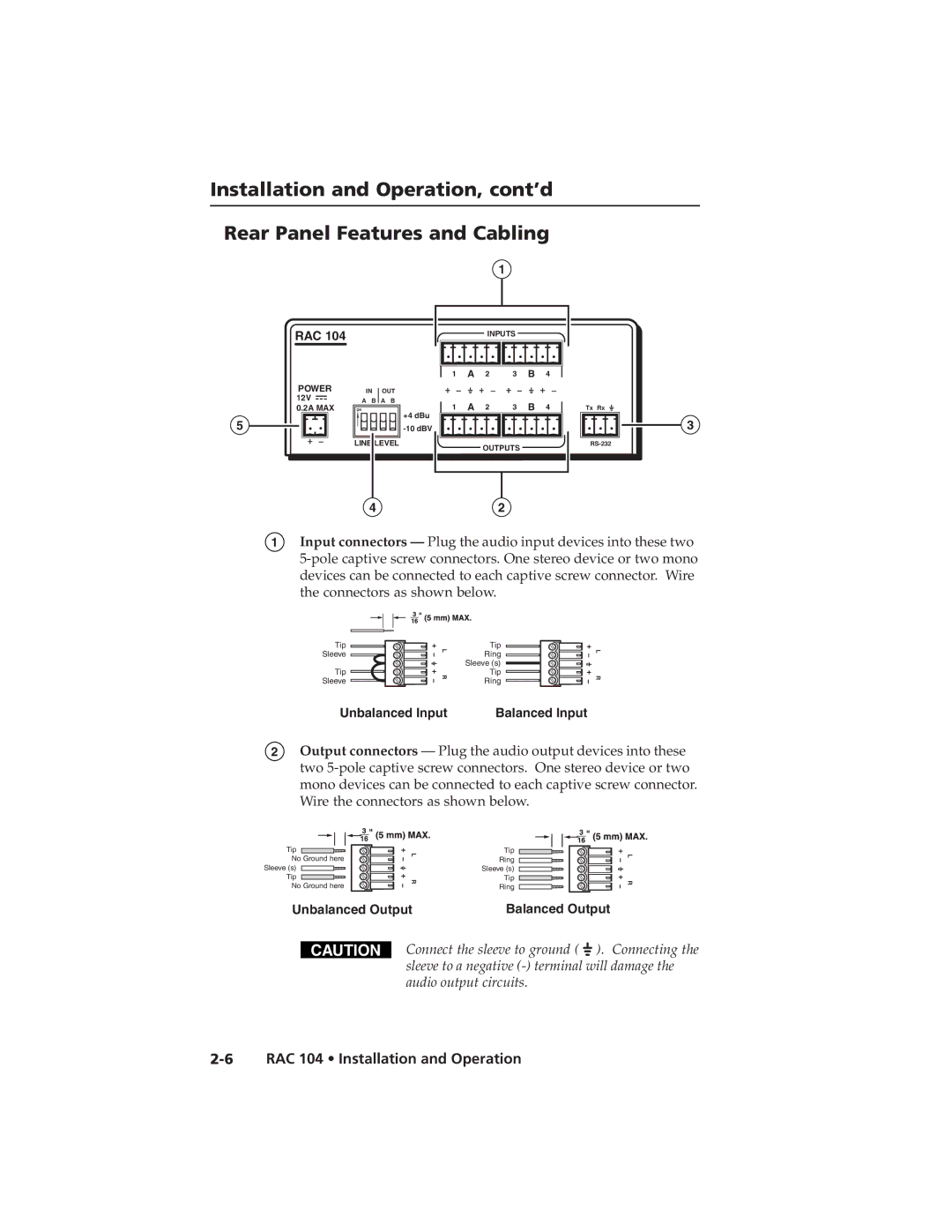 Extron electronic RAC 104 user manual Unbalanced Input 