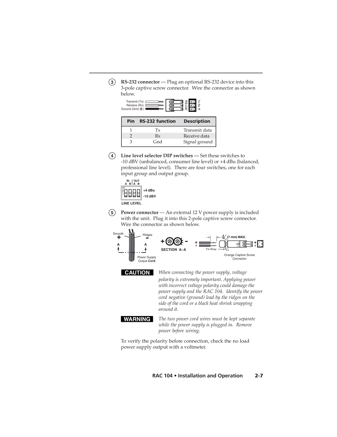 Extron electronic RAC 104 user manual Line level selector DIP switches Set these switches to 