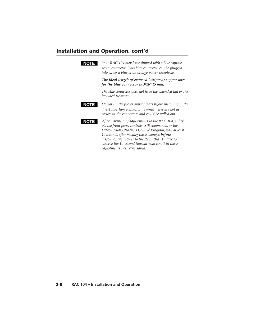 Extron electronic RAC 104 user manual Installation and Operation, cont’d 