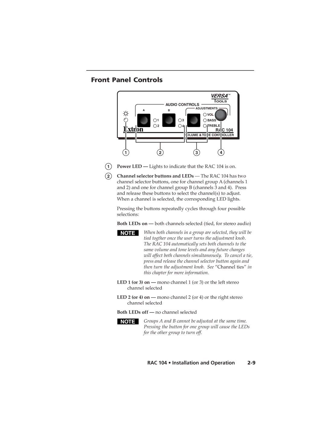 Extron electronic RAC 104 user manual Front Panel Controls 