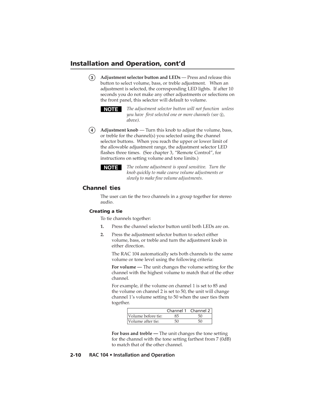 Extron electronic RAC 104 user manual Channel ties, Creating a tie 