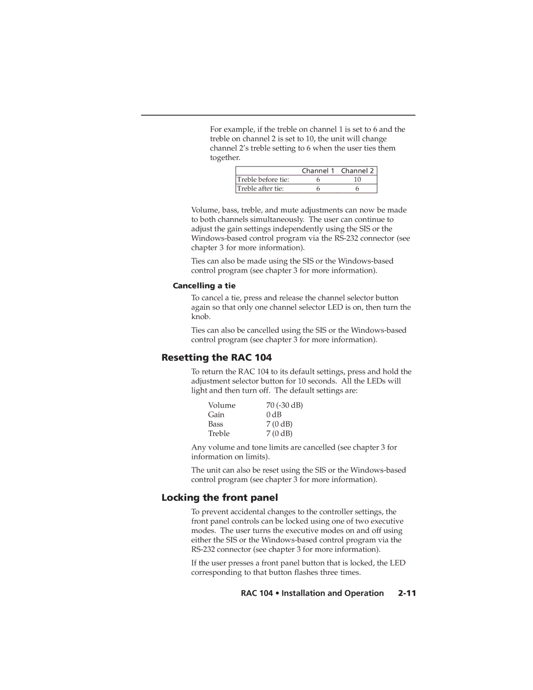 Extron electronic RAC 104 user manual Resetting the RAC, Locking the front panel, Cancelling a tie 