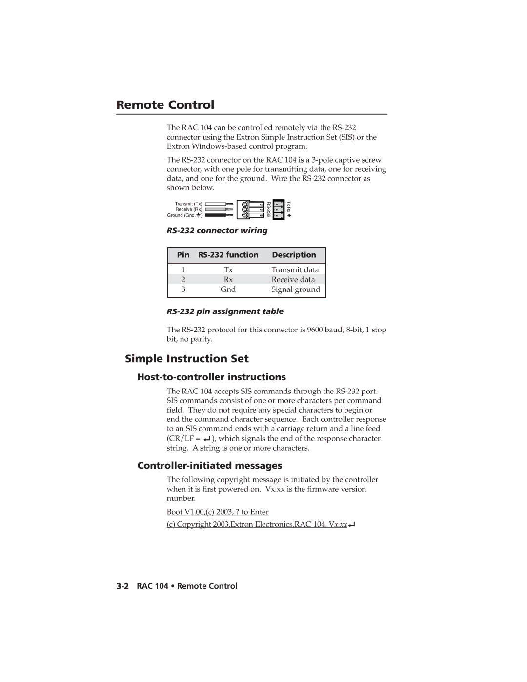 Extron electronic RAC 104 user manual Remote Control, Simple Instruction Set, Host-to-controller instructions 