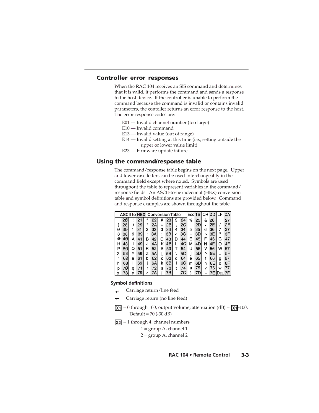 Extron electronic RAC 104 user manual Controller error responses, Using the command/response table, Symbol definitions 