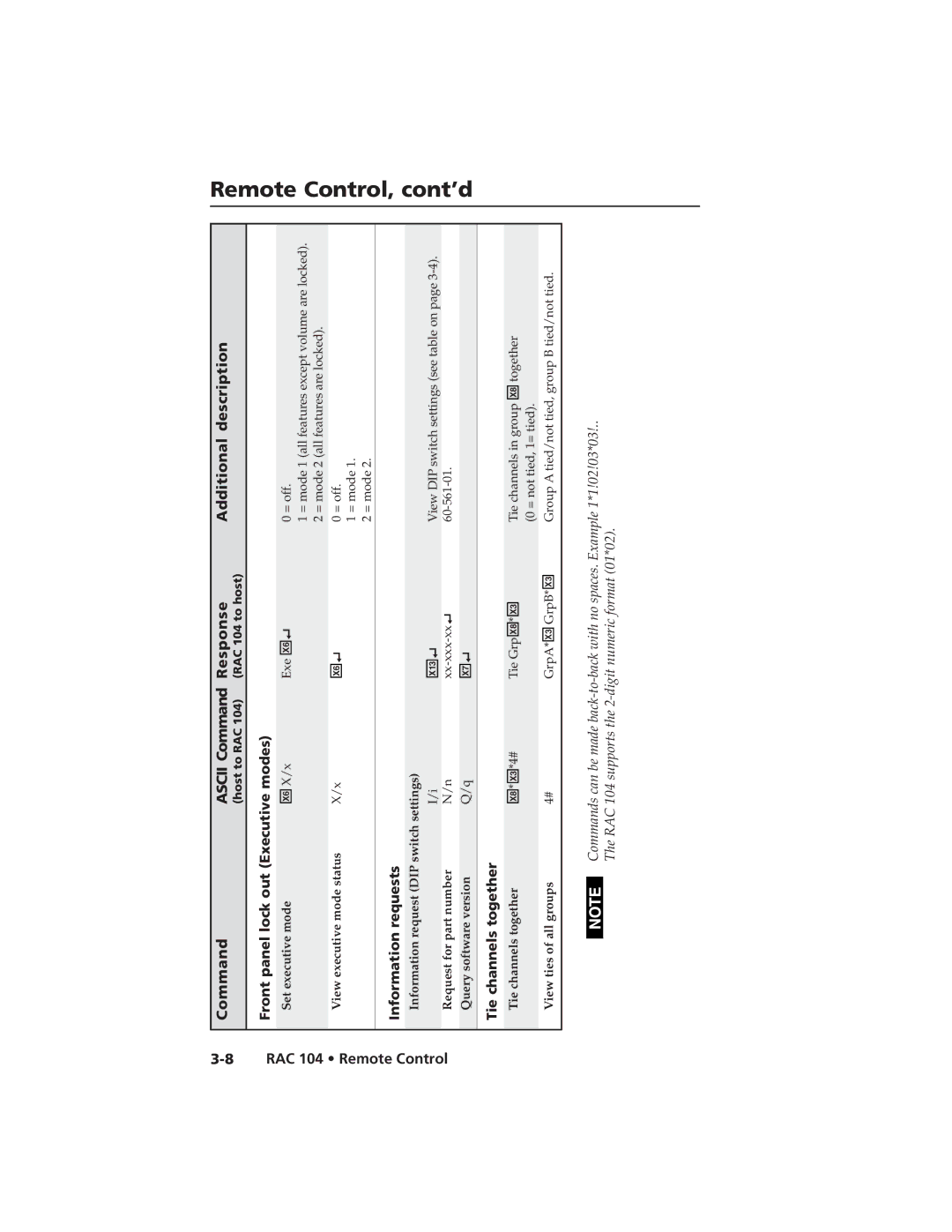 Extron electronic RAC 104 user manual Front panel lock out Executive modes, Information requests, Tie channels together 