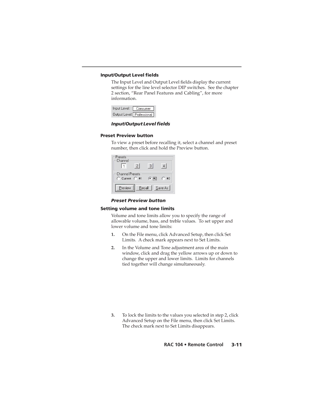 Extron electronic RAC 104 user manual Input/Output Level fields, Preset Preview button, Setting volume and tone limits 
