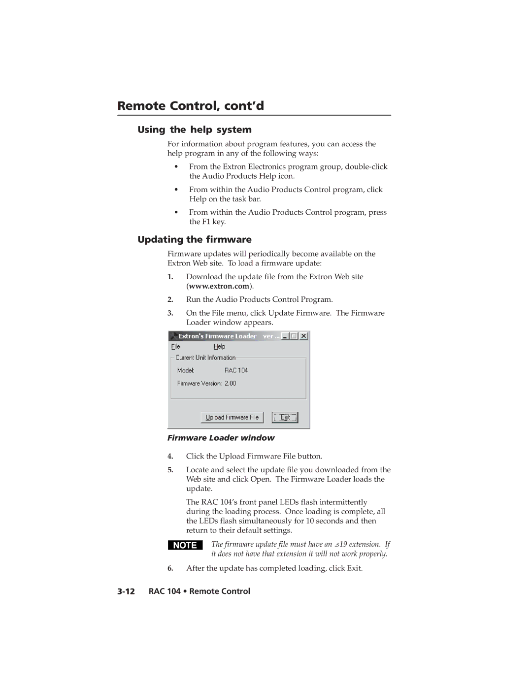 Extron electronic RAC 104 user manual Using the help system, Updating the firmware 