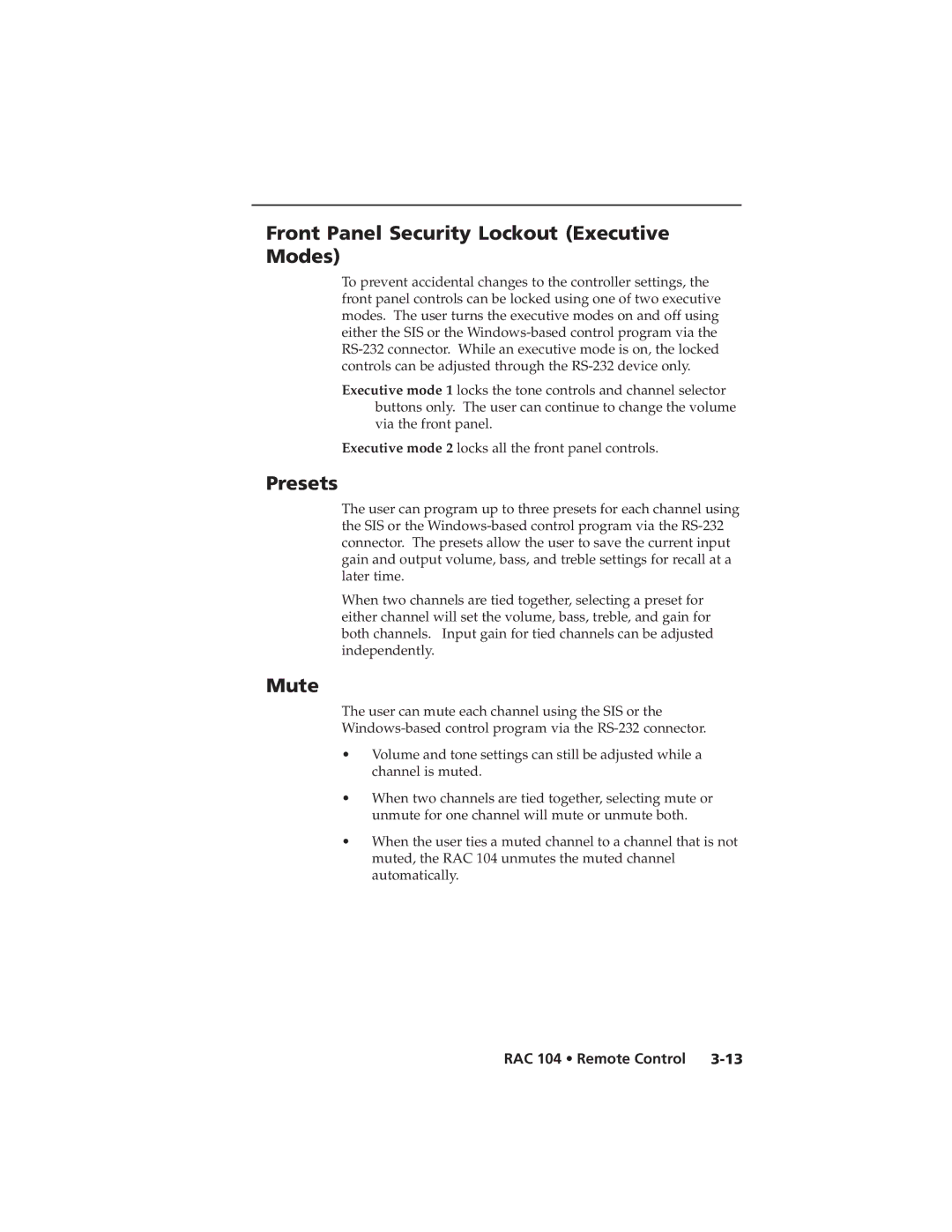 Extron electronic RAC 104 user manual Front Panel Security Lockout Executive Modes, Presets, Mute 