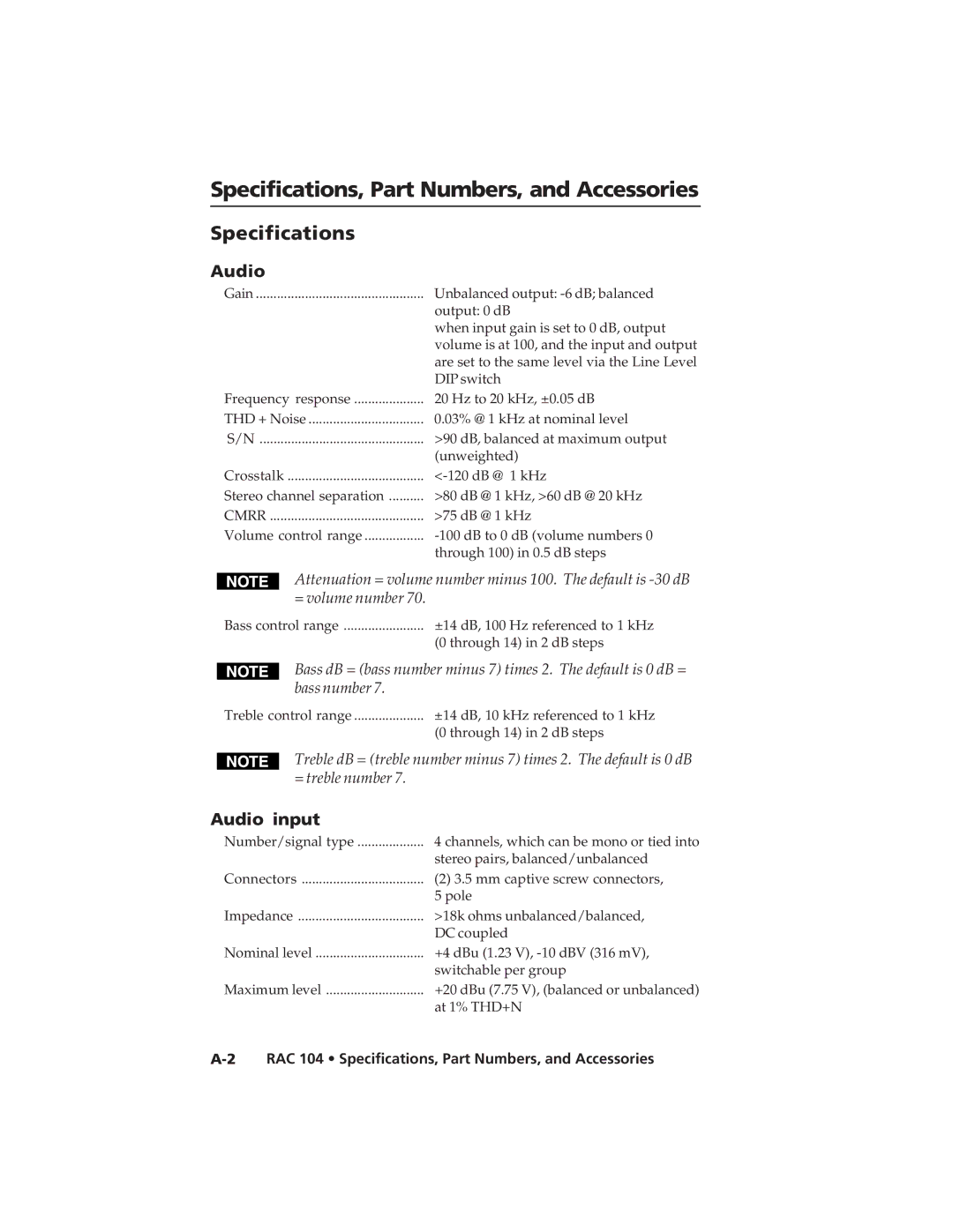 Extron electronic RAC 104 user manual Specifications, Part Numbers, and Accessories, Audio input 