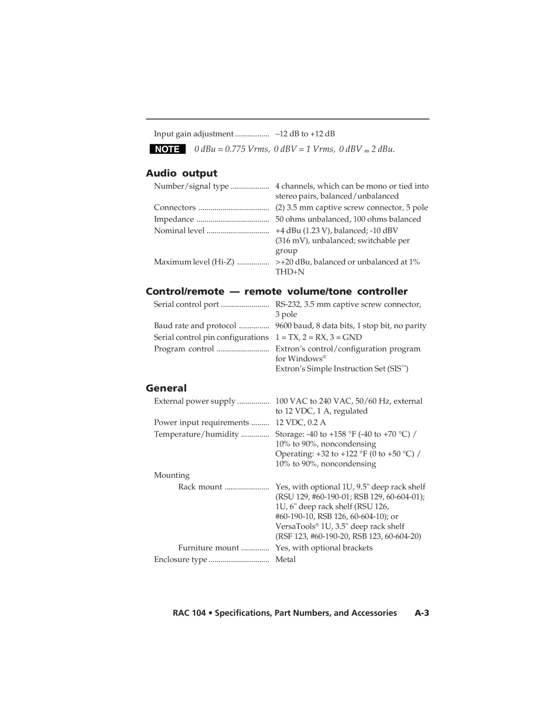 Extron electronic RAC 104 user manual Audio output, Control/remote remote volume/tone controller, General 
