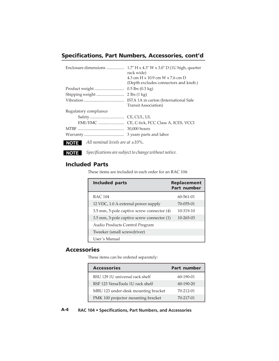 Extron electronic RAC 104 user manual Specifications, Part Numbers, Accessories, cont’d, Included Parts 