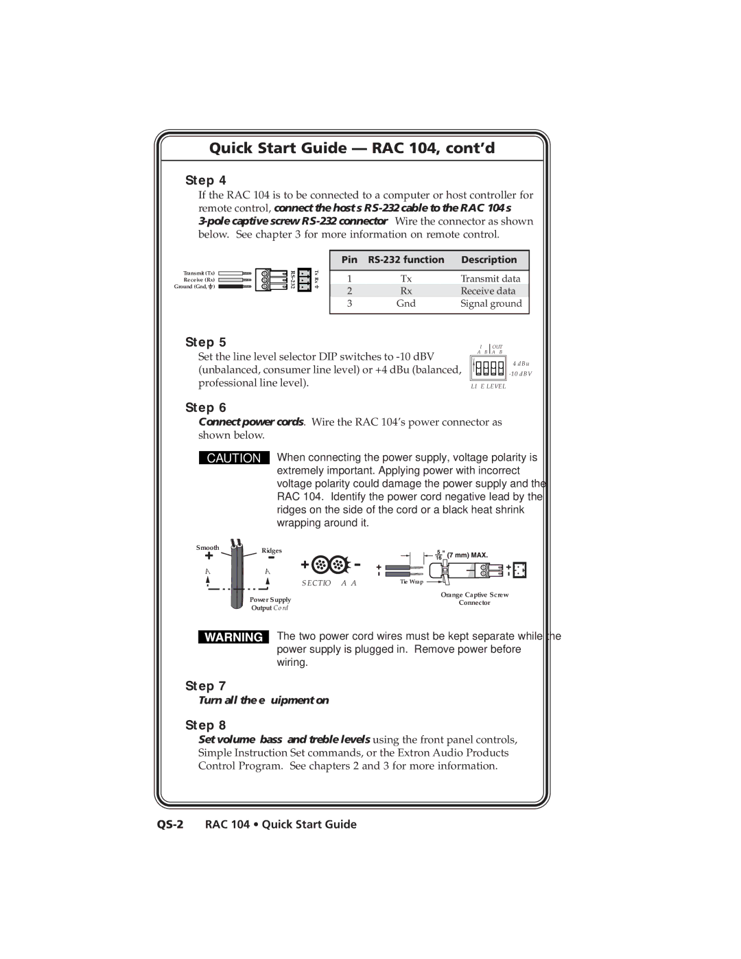 Extron electronic user manual Quick Start Guide RAC 104, cont’d 