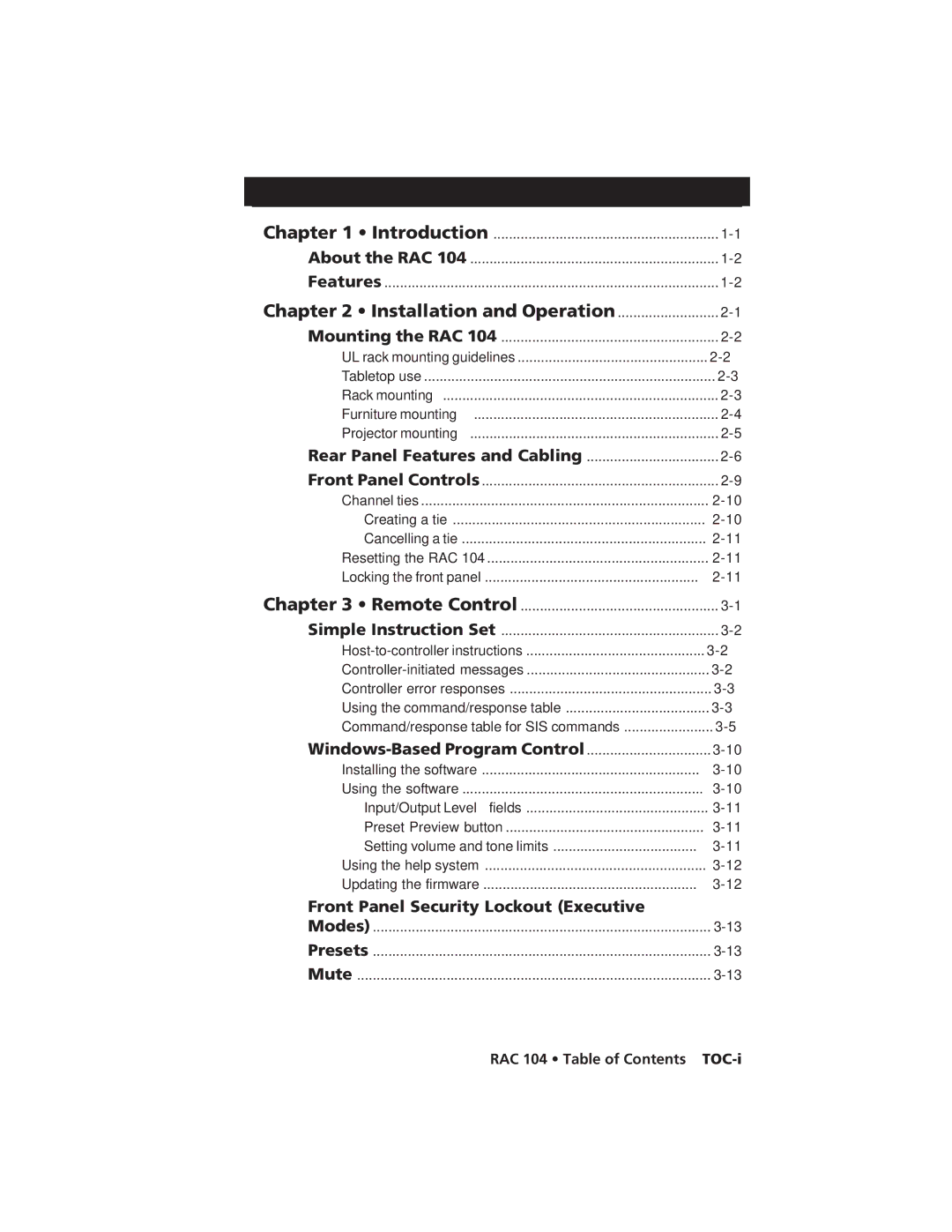 Extron electronic RAC 104 user manual Table of Contents 